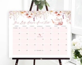 May include: A pink and white floral themed baby shower game. Guests are asked to guess the baby's arrival date by marking a calendar with October and November dates. The calendar has a pink teapot with flowers on it and the words "Guess Baby's Arrival Date".