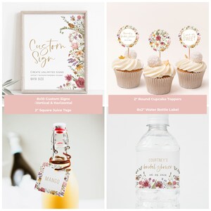 May include: A set of printable bridal shower party decorations featuring a floral theme. The set includes a sign that says "Custom Sign", cupcake toppers with floral wreaths and the text "Love is Sweet", and a water bottle label with the text "Courtney's Bridal Shower".
