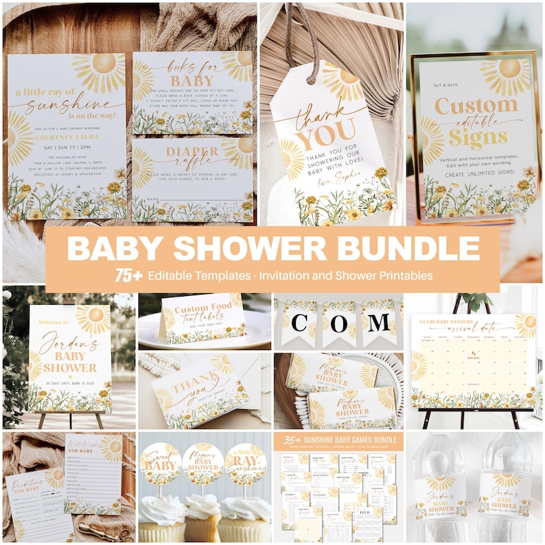 K&ouml;nnte beinhalten: Ein Baby Shower-Druckpaket mit &uuml;ber 75 editierbaren Vorlagen. Das Paket beinhaltet Einladungen, Schilder, Etiketten f&uuml;r Lebensmittel, Spiele und mehr. Die Designs haben ein Sonnenblumen- und Blumenmotiv in den Farben Gelb, Wei&szlig; und Gr&uuml;n. Der Text "Baby Shower Bundle" ist auf einem pfirsichfarbenen Banner abgebildet.