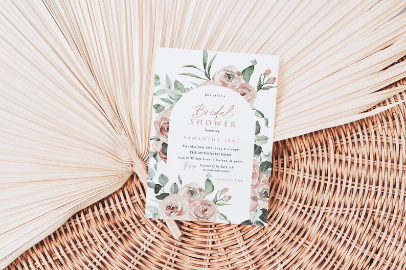 Bridal Shower Invitation, Dusty Pink Bridal Invitation, Boho Bridal Shower Invitation, Instant Download, Edit with TEMPLETT, WLP-ROS 4839 image 1