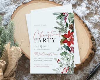 Christmas Invitation, Christmas Holly Party Invitation, Holiday Party Invitation, Instant Download, Edit with TEMPLETT, WLP-HCH 6002