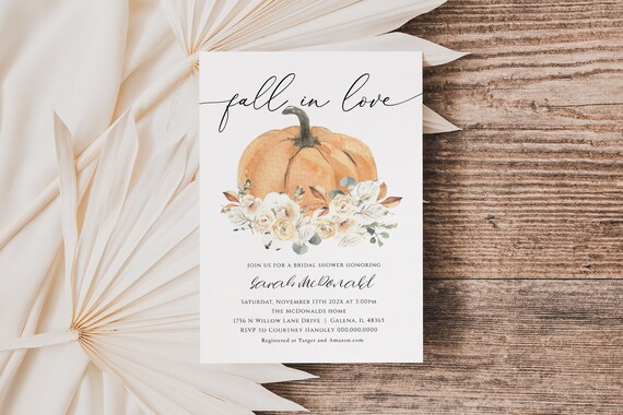 Fall Bridal Shower Invitation, Autumn Bridal Shower Pumpkin Invitation, Fall in Love Invitation, Edit with TEMPLETT, WLP-OPU 3445