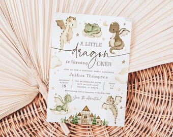 May include: A white invitation with a watercolor illustration of three green and brown dragons. The text reads "A Little Dragon is turning ONE!" and includes details for a birthday party honoring Joshua Thompson.