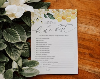 Bee Who knows the Bride the Most Game, Floral Bee Bridal Shower Game, Printable How well do you know the Bride?,  TEMPLETT, WLP-FBE 5475