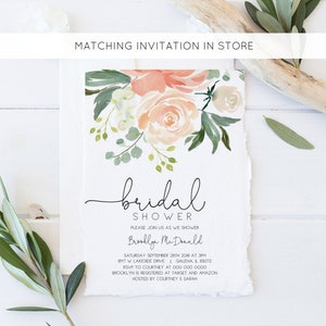 May include: A floral bridal shower invitation with a watercolor design of peach and white roses and greenery. The invitation includes the text "bridal shower", "Brooklyn Mc Donald", "Saturday September 28th 2019 at 3pm", "1847 W Lakeside Drive | Galena, IL 69372", "RSVP to Courtney at 000 000 0000", "Brooklyn is registered at Target and Amazon", and "Hosted by Courtney & Sarah".