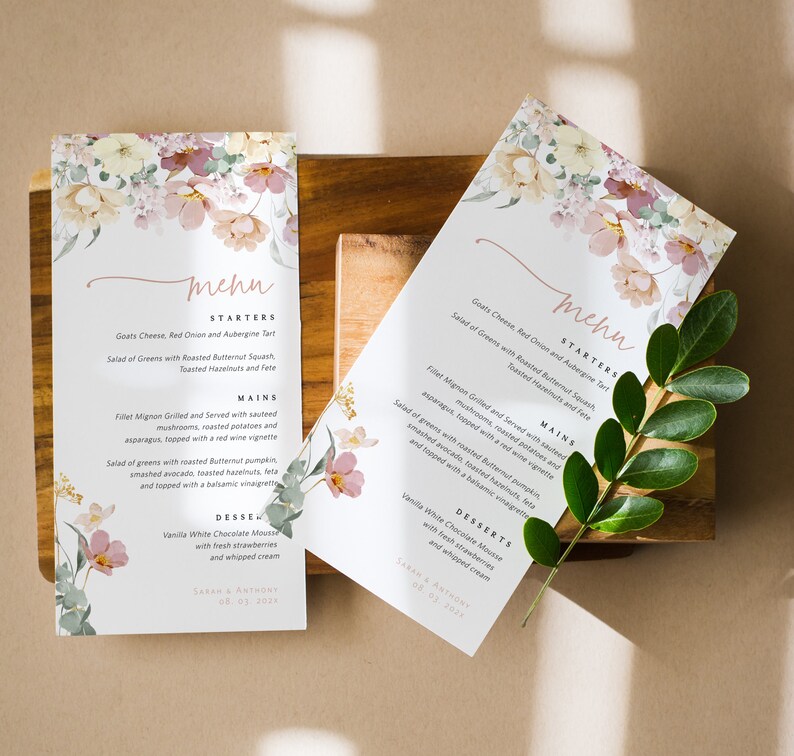 Flower Design For Menu Floral Wedding Menu Template, Script Menu Card, Floral, Printable ...