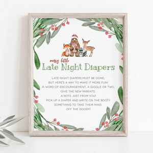 Printable Late Night Diapers Sign, Diaper Thoughts Signs, Christmas Baby Shower, Woodland Christmas Late Night Diapers Sign, WLP-WCH 3766