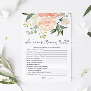 Floral Who knows Mommy Best Game,  Peach Baby Shower Game, Printable How well do you know Mommy?,  TEMPLETT, WLP-PEA 3438