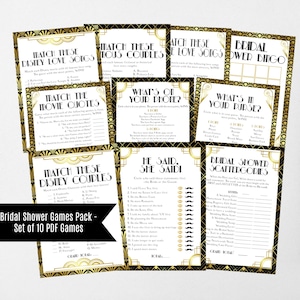 Bruidsdouche Games Pack, Art Deco Gatsby stijl afdrukbare gamekaarten, zwart en goud thema Instant Download PDF, WLP353