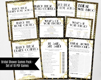 Bridal Shower Games Pack, Art Deco Gatsby Style Printable Game Cards, Black and Gold Theme Instant Download PDF, WLP353