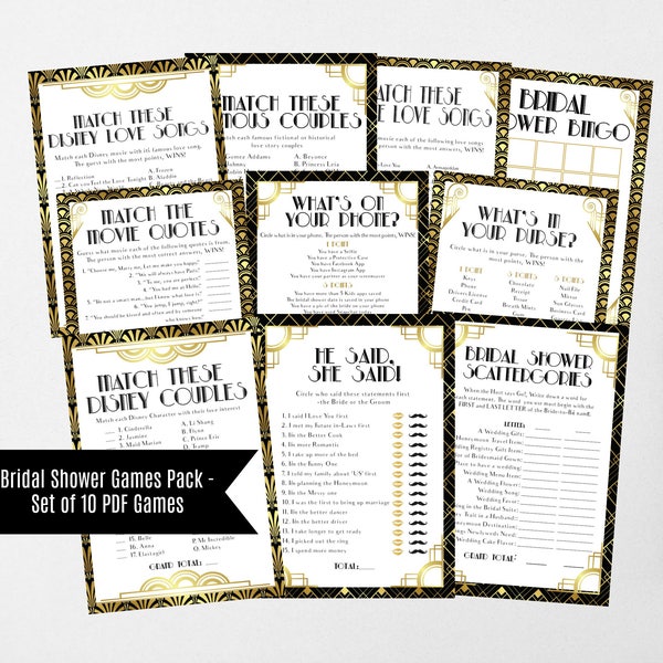 Bridal Shower Games Pack, Art Deco Gatsby Style Printable Game Cards, Black and Gold Theme Instant Download PDF, WLP353