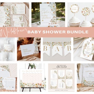 May include: Wildflower themed baby shower printable bundle with a variety of items including invitations, water bottle labels, a welcome sign, a banner, cupcake toppers, a thank you tag, a baby shower game, a sign for a custom sign, and a baby shower countdown calendar.