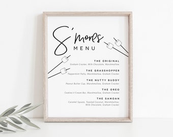 S'mores Menu Sign, Smore Bar Sign, S'more Station, Summer Wedding, Fall Wedding, Outdoor Party, Modern Wedding Sign, TEMPLETT, WLP-PEN 4438