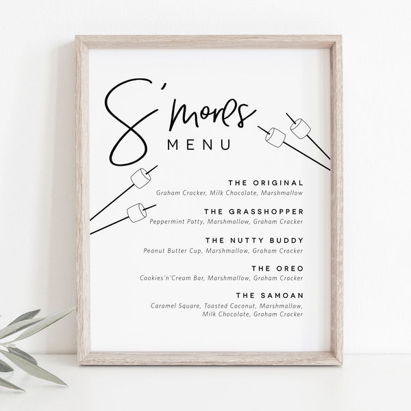 S'mores Menu Sign, Smore Bar Sign, S'more Station, Summer Wedding, Fall Wedding, Outdoor Party, Modern Wedding Sign, TEMPLETT, WLP-PEN 4438