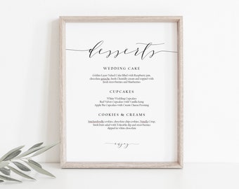 Dessert Menu Sign, Calligraphy Desserts Sign Template, Printable Wedding Menu, Dessert Bar Sign, Edit with TEMPLETT, WLP-SCR 1876