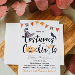 May include: A white invitation card with black and orange text that reads "Join us for Costumes and Cocktails". The card has a black crow, a witch's hat, a jack-o-lantern, and a cocktail glass with an orange slice. The card also includes the date "Saturday 29 October", the time "7:30 in the Evening", the location "The McDonalds Residence", the address "17453 Willow Lane Drive Galena, IL 69576", the RSVP information "RSVP to Courtney Handley at 000.000.0000", and the text "Wear your best Halloween Costume!"