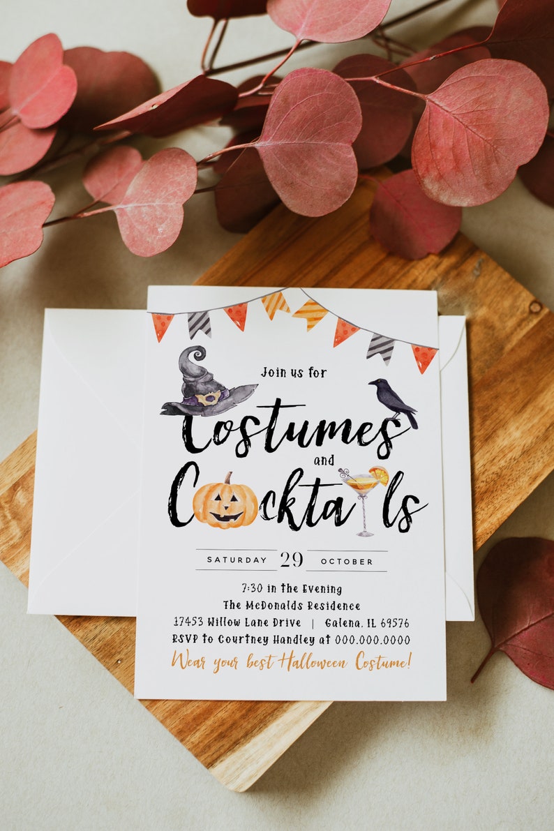 May include: A white invitation card with black and orange text that reads "Join us for Costumes and Cocktails". The card has a black crow, a witch's hat, a jack-o-lantern, and a cocktail glass with an orange slice. The card also includes the date "Saturday 29 October", the time "7:30 in the Evening", the location "The McDonalds Residence", the address "17453 Willow Lane Drive Galena, IL 69576", the RSVP information "RSVP to Courtney Handley at 000.000.0000", and the text "Wear your best Halloween Costume!"
