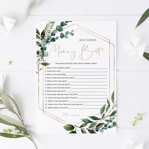 Who Know's Mommy Best Game, Greenery Baby Shower Game, Editable Game Card, Mommy Questionaire Game, TEMPLETT, WLP-GBR 4346