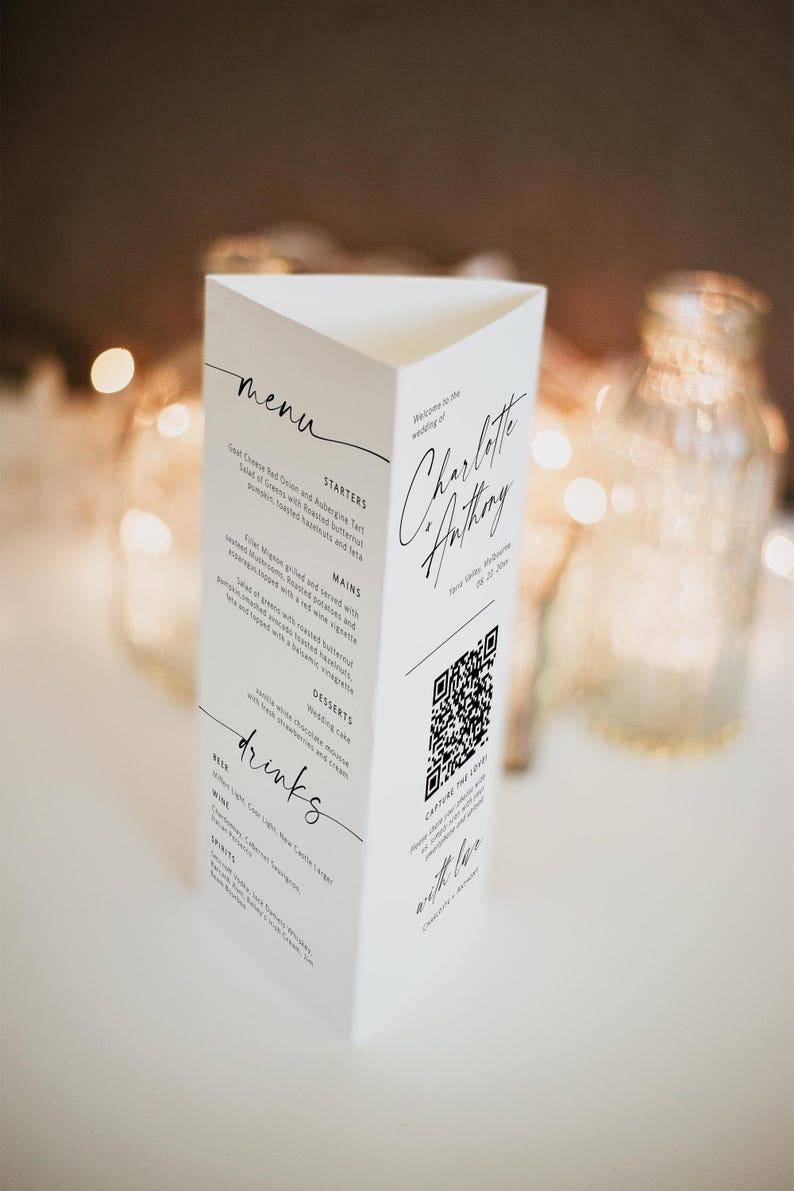 Minimalist Wedding Tri-fold Table Number, Tri-fold Table Menu, Triangle Table Stand, Modern menu, 100% Editable with TEMPLETT