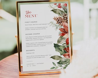 Christmas Menu, Christmas Poinsetta Menu, Printable Christmas Menu , 5x7", Instant Download, Holiday Menu Card, TEMPLETT, WLP-CHS 6778