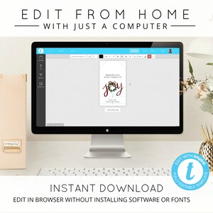May include: A computer screen displaying a template for a Christmas card with a wreath and the text "Bringing you good tidings of joy". The text "Edit with templett" is on a blue circle with a white letter "t" in the center. The text "Instant Download" is below the computer screen. The text "Edit in browser without installing software or fonts" is below the text "Instant Download".