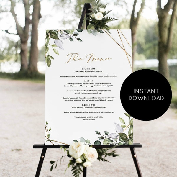 Wedding Menu Sign, Printable Wedding Menu Poster, Greenery Wedding Menu Board, Menu Sign, Instant Download, Edit with TEMPLETT, WLP-GGE 1863