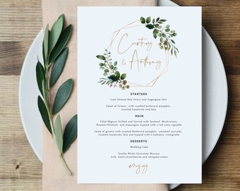 Greenery Menu Template, Geometric Menu Card, 5x7" Wedding Menu Printable, Summer Wedding, Instant Download, Edit with TEMPLETT, WLP-GBR 2220