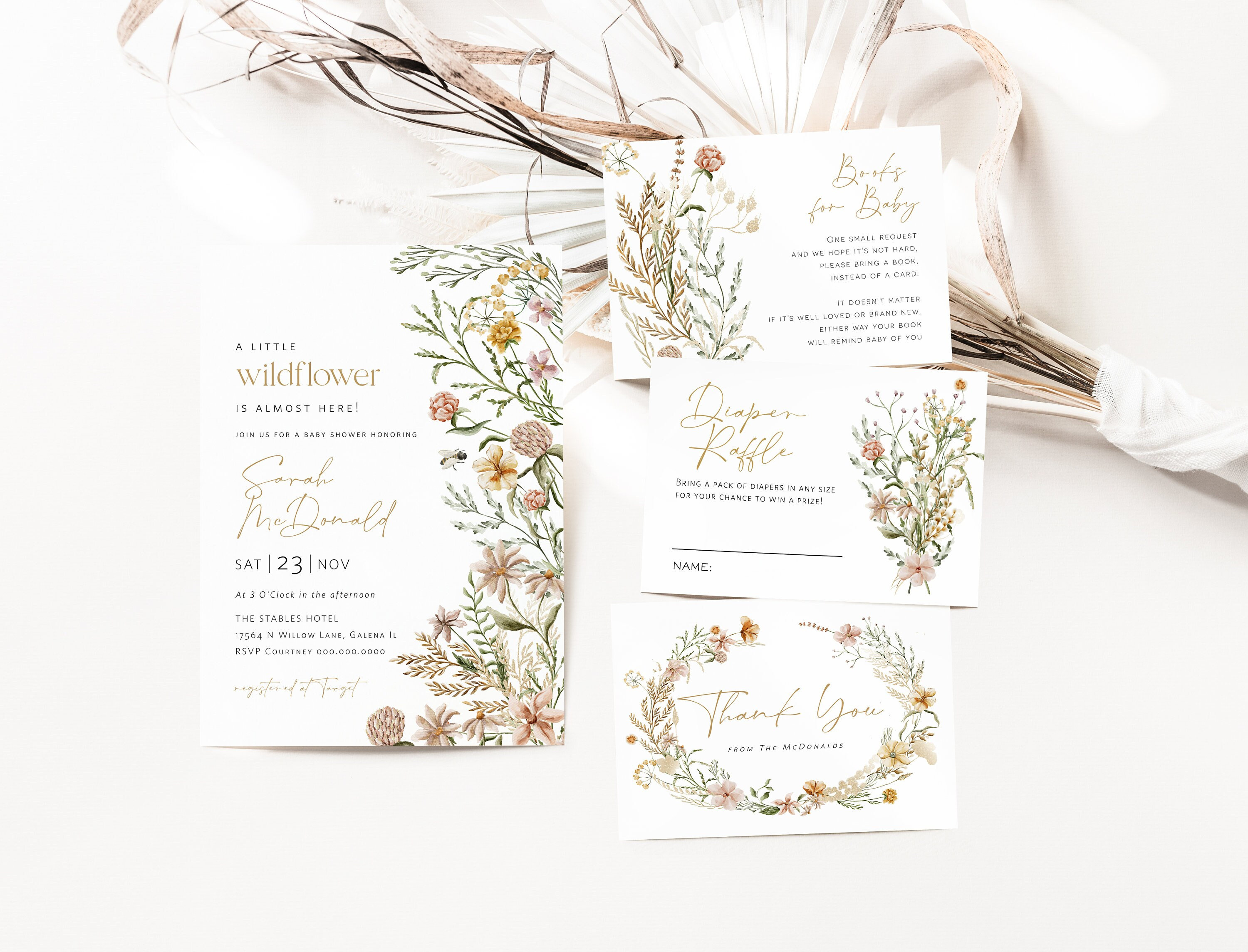 Wildflower Baby Shower Invitation, Baby Shower Bundle, Fall Baby Shower Invitation, Books for Baby, Diaper Raffle, TEMPLETT, WLP-FWI 5236