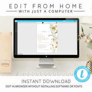 May include: A computer screen displaying a baby shower invitation template with a floral design. The text on the screen reads "Baby Shower". The invitation is editable and can be downloaded instantly. The text "Edit with templet" is displayed on a blue circle with a white letter "t" in the center.