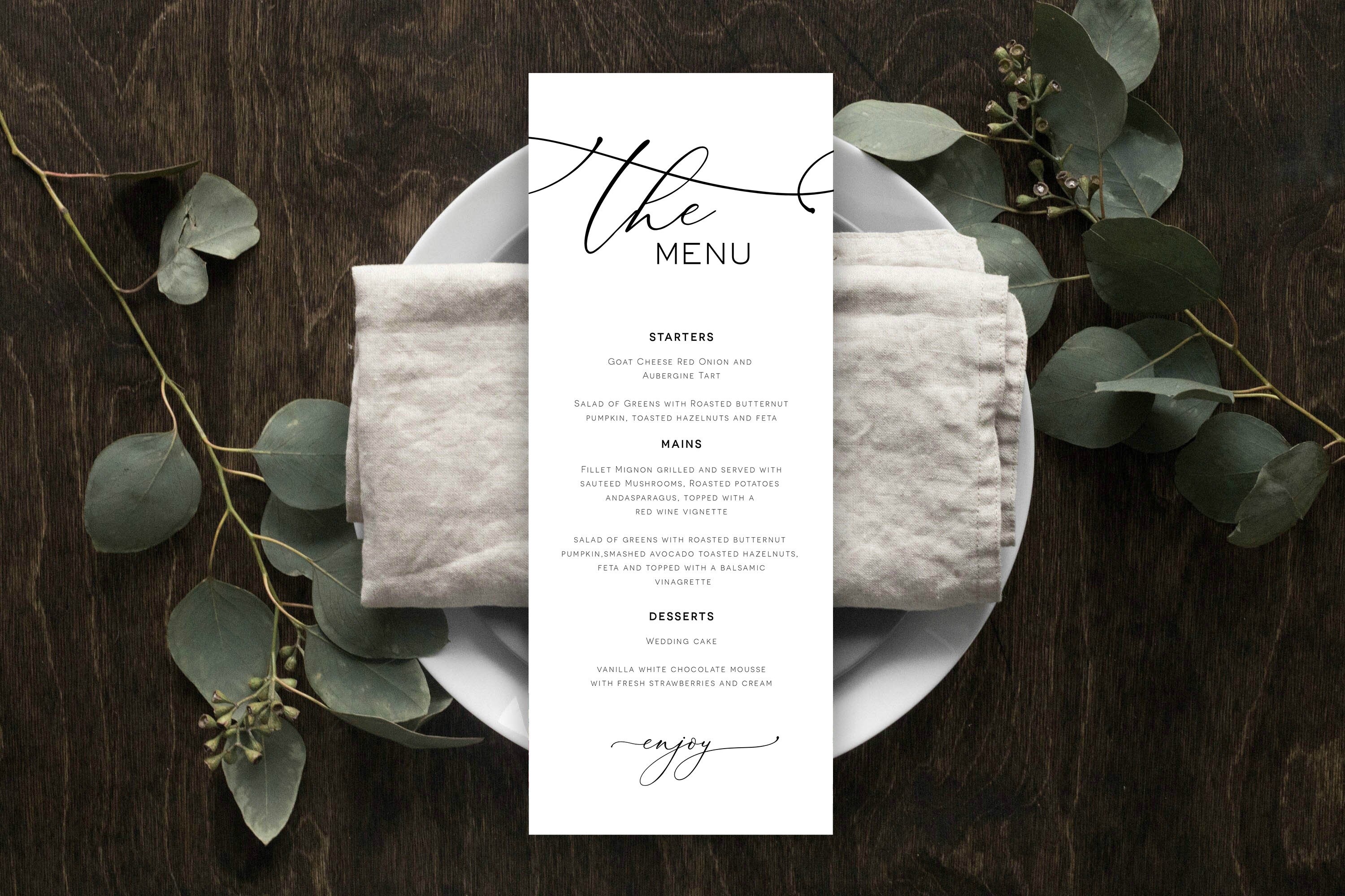 Script Menu Card, Printable Menu, Calligraphy Menu Card, Instant ...