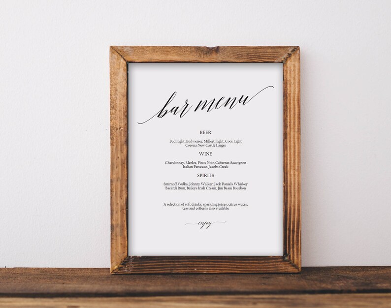 Wedding Bar Menu Sign Printable Script Bar Template Instant - Etsy