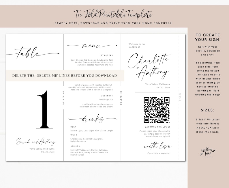 Minimalist Wedding Tri-fold Table Number, Tri-fold Table Menu, Triangle Table Stand, Modern menu, 100% Editable with TEMPLETT, WLP-LIN 1846 image 4