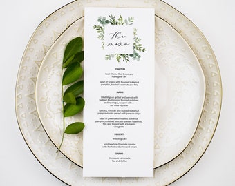 Greenery Printable Menu, Wedding Menu Template, Rustic Printable Wedding Menu Card, 2 Sizes, Edit with TEMPLETT, WLP-WRE 1308