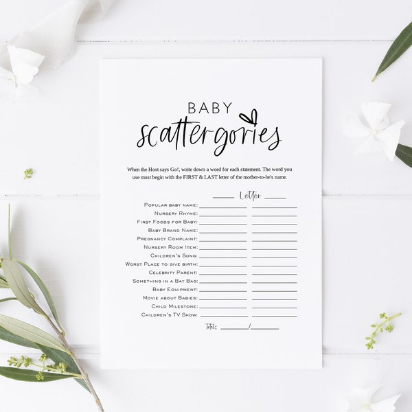 Minimalist Scattergories Game, Scattergories Game Card, Baby Scattergories, Printable Baby Shower Game, Edit with TEMPLETT, WLP-SIL 4137