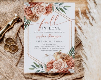May include: Fall in Love bridal shower invitation with a watercolor floral design featuring pumpkins, roses, and leaves in shades of orange, pink, and green. The invitation includes the bride-to-be's name, date, time, and location. RSVP and registry information is also included.
