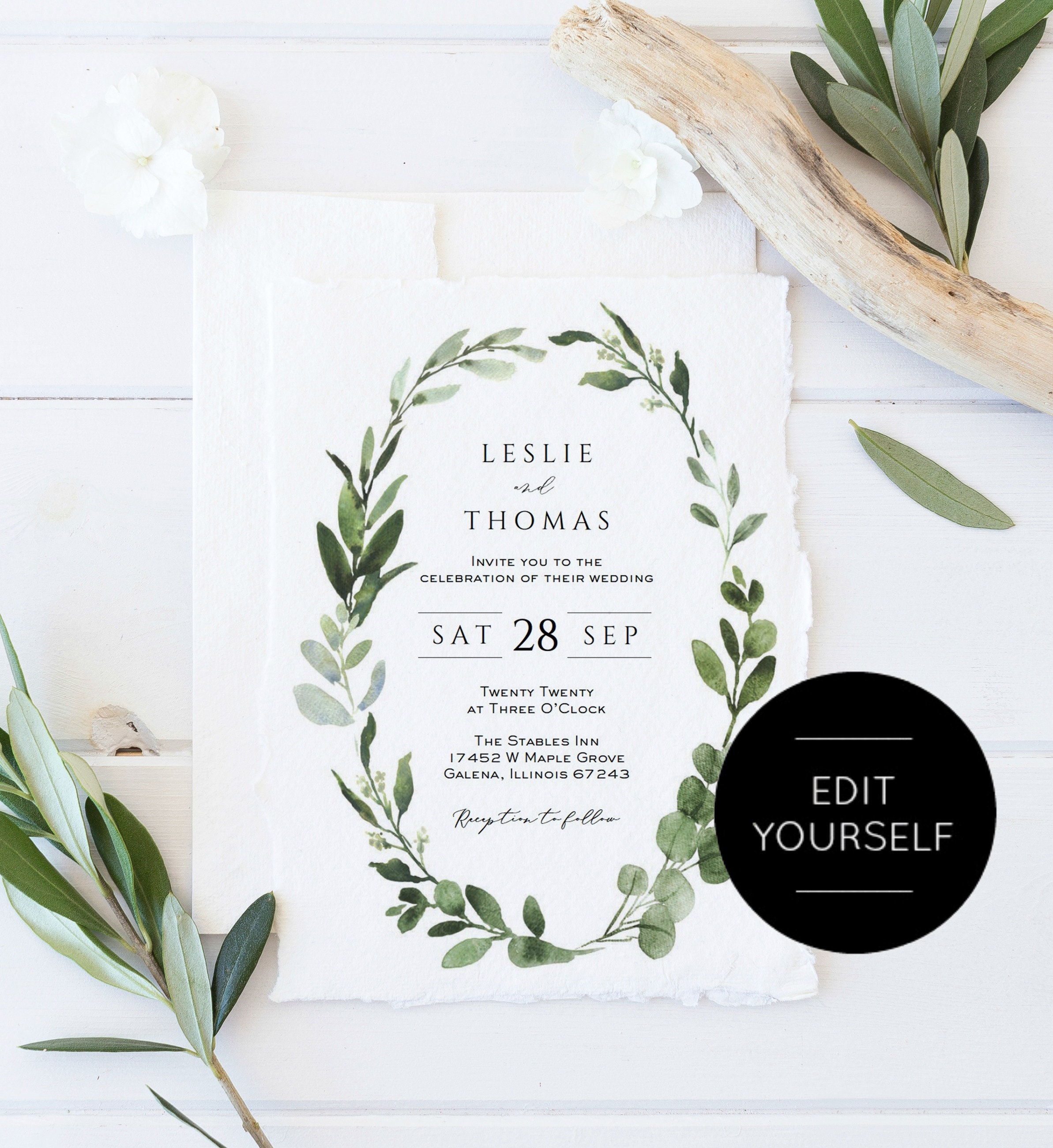 Greenery Wreath Wedding Invitation Template, Printable Wedding Invitation,  Edit With TEMPLETT, WLP-WRE 1166 - Etsy, image size:2386x2602