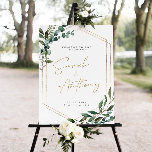 Greenery Wedding Welcome Sign, Templett Welcome Poster, Printable Wedding Welcome, Geometric Welcome sign, WLP-GBR 5265