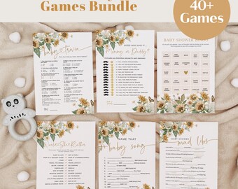 May include: A set of printable baby shower games featuring a sunflower and butterfly theme. The games include baby trivia, guess who said it, who would she rather, name that baby song, and baby shower mad libs.