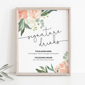 Signature Drinks Printable Sign, Peach Floral Signature Drinks Template, Signature Cocktails Sign, Floral, TEMPLETT, WLP-PEA 1490