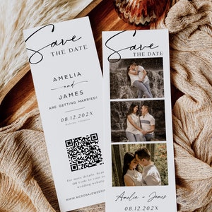 Photo Strip Save the Date, Editable Photo Booth Wedding Date Card, Modern Wedding Save the Date QR Code, Edit w Templett, WLP-SAL 7335