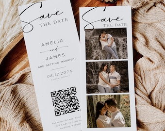 Photo Strip Save the Date, Editable Photo Booth Wedding Date Card, Modern Wedding Save the Date QR Code, Edit w Templett, WLP-SAL 7335