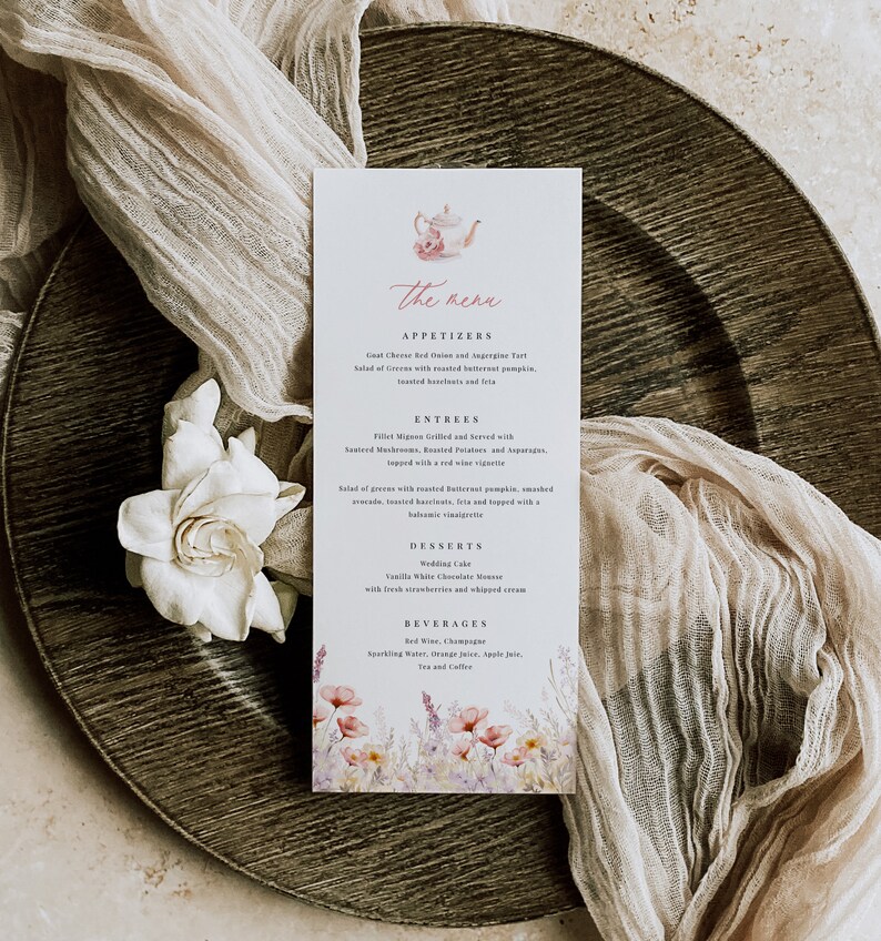 Tea Party Menu Template, Printable Menu Card, Wildflower Tea Party Menu Card, Instant Download, Edit with TEMPLETT, WLP-PTE 7394 image 2