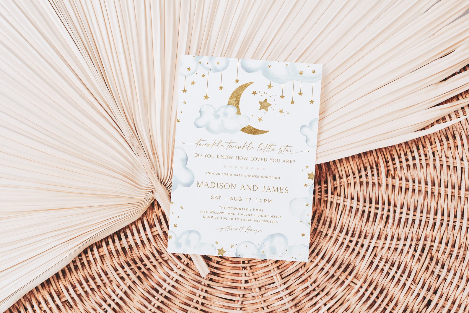 Twinkle Twinkle Little Star Blue Cloud Invitation, Blue and Gold Moon ...