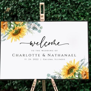 Cartello di benvenuto matrimonio girasole, modello poster di benvenuto stampabile, cartello di benvenuto girasole, matrimonio autunnale, modifica con TEMPLETT, WLP-SUU 3244