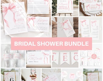 May include: A bridal shower bundle with pink watercolor bows and the text "She's tying the knot" and "Bridal Shower". The bundle includes invitations, thank you cards, table numbers, favor tags, and more.