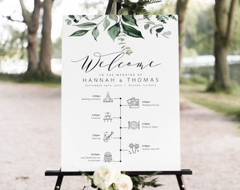 Greenery Wedding Icon Timeline Poster, Editable Welcome Sign Poster, Printable Timeline with Wedding Day Icon, Templett, WLP-LEA 4207