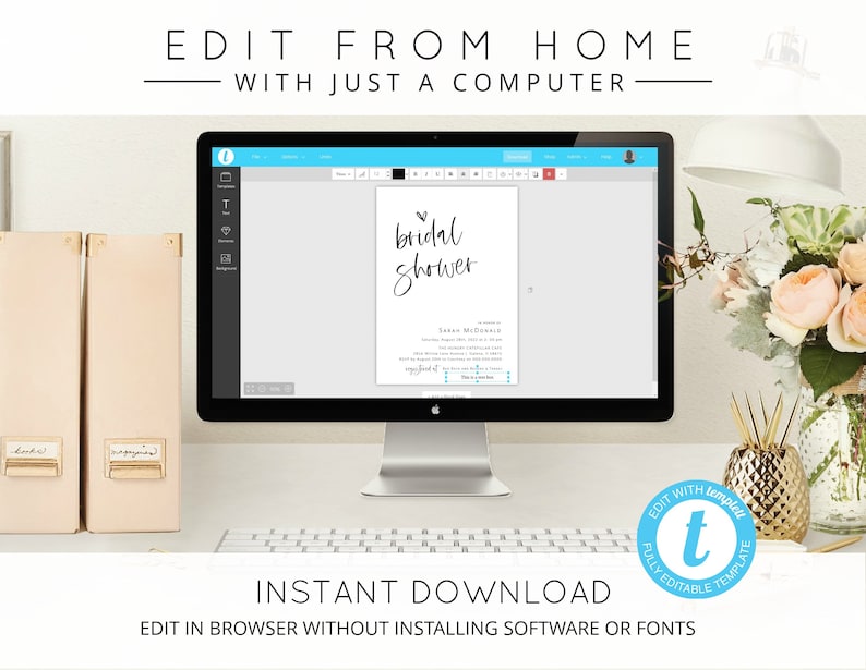 Puede incluir: Una pantalla de ordenador que muestra una plantilla de invitaci&oacute;n de despedida de soltera con el texto "bridal shower" en una fuente manuscrita. La plantilla es editable y se puede descargar instant&aacute;neamente. El texto "EDIT WITH templett FULLY EDITABLE TEMPLATE" se muestra en un c&iacute;rculo azul con una letra "t" blanca en el centro.