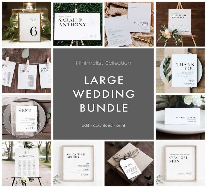 K&ouml;nnte beinhalten: Eine Sammlung von druckbaren Hochzeitsschriftvorlagen im minimalistischen Stil. Die Vorlagen umfassen eine Tischnummer, ein Men&uuml;, einen Sitzplan, ein Schild f&uuml;r Signature Drinks, ein Willkommenszeichen, eine Dankeskarte und ein individuelles Schild. Der Text auf den Vorlagen ist in Schwarzwei&szlig;.