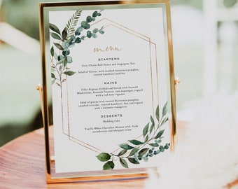 Greenery Wedding Menu Template, Floral Printable Menu Card, 5x7", Wedding Menu Printable, Edit with TEMPLETT, WLP-GBR 5119