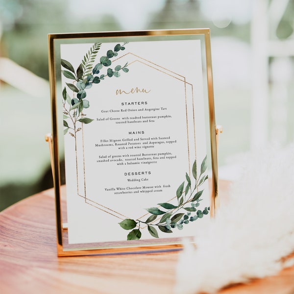 Greenery Wedding Menu Template, Floral Printable Menu Card, 5x7", Wedding Menu Printable, Edit with TEMPLETT, WLP-GBR 5119